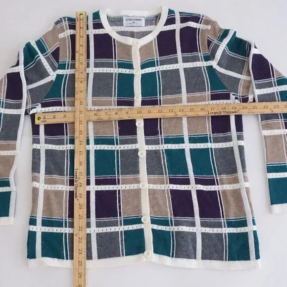 Alfred Dunner Cream Multi Cotton Plaid Knit Button Cardigan Preppy M - Picture 3 of 10